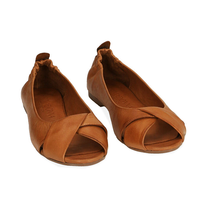 Ballerine bout ouvert en cuir cognac Primadonna Collection