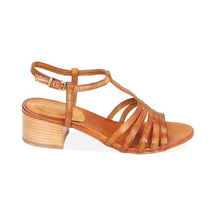 Sandali cognac in pelle di vacchetta, tacco 4 cm