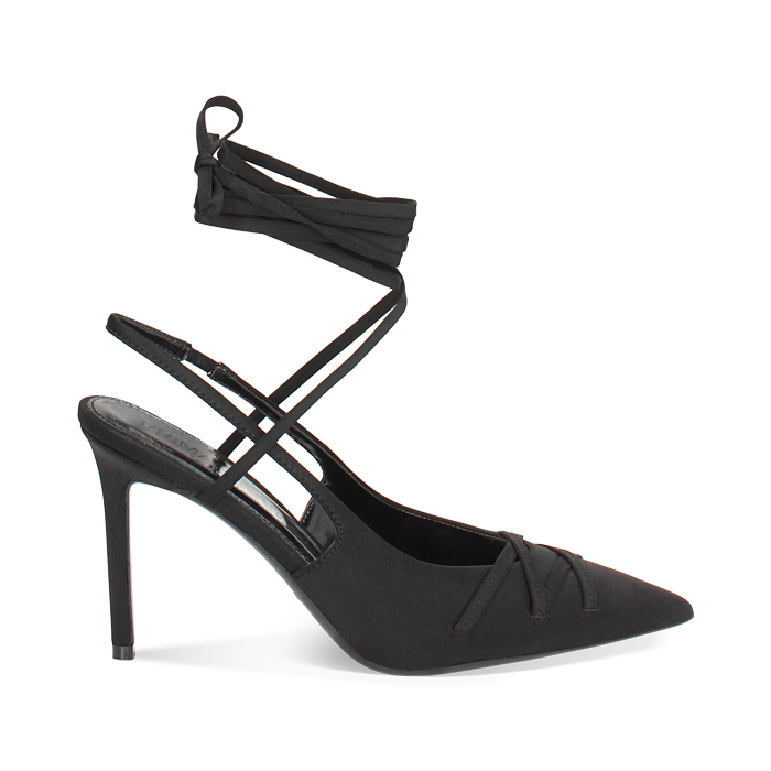 Décolleté slingback donna nere con lacci, tacco 9,5 cm