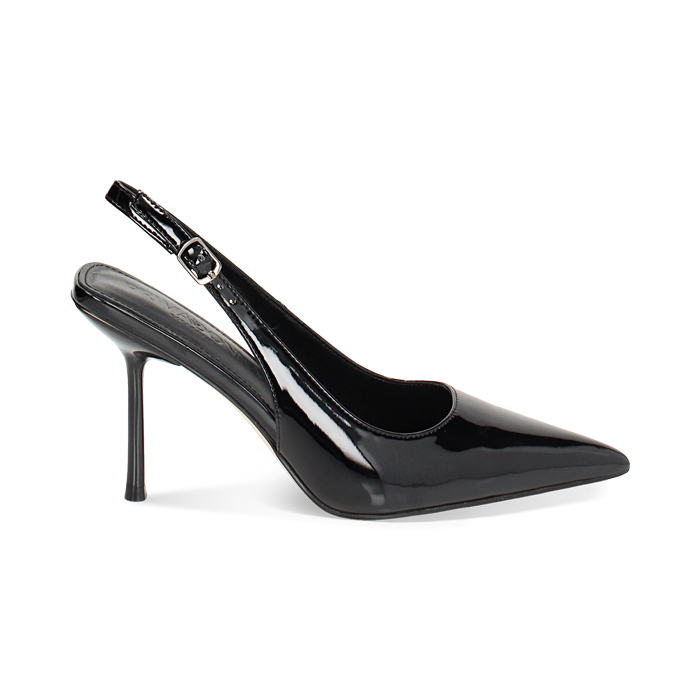 Décolleté slingback donna nere in vernice, tacco 9 cm