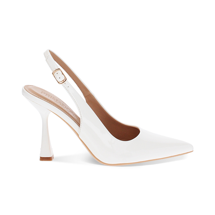 Décolleté slingback donna bianche in vernice, tacco 7,5 cm