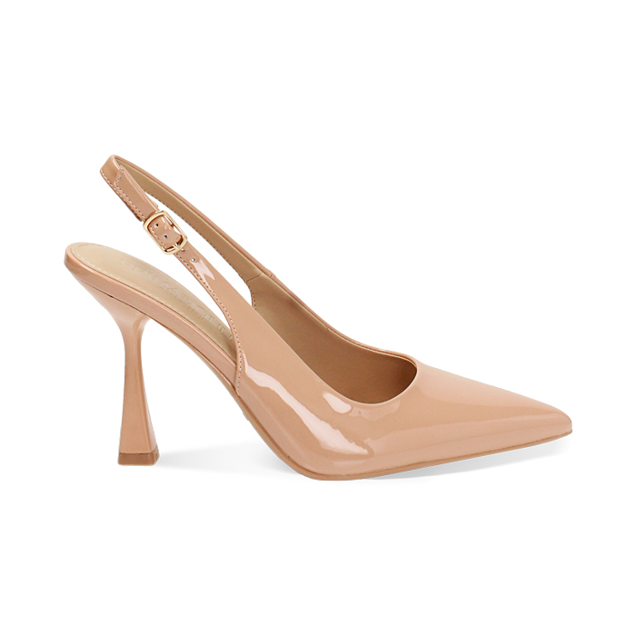 Décolleté slingback donna nude in vernice, tacco 7,5 cm