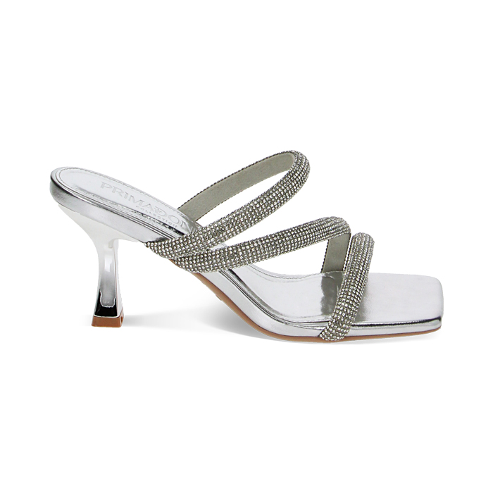 Mules open toe pour femme argent en laminé avec pierres